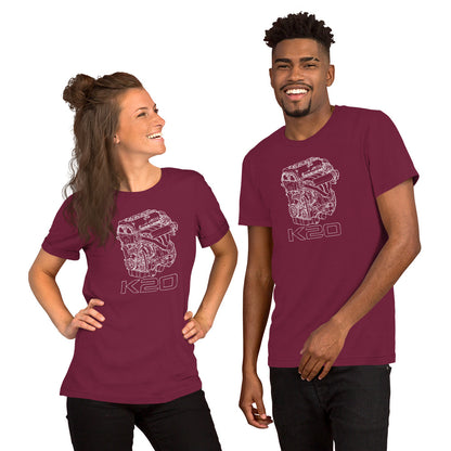 K20 Blueprint Tee — High-Rev Inline-Four graphic t-shirt, Maroon front view (3) — Marque automotive apparel