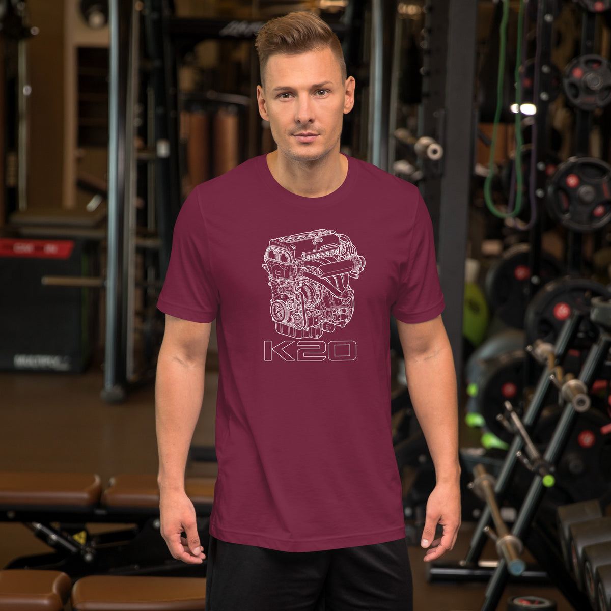 K20 Blueprint Tee — High-Rev Inline-Four graphic t-shirt, Maroon front view (2) — Marque automotive apparel