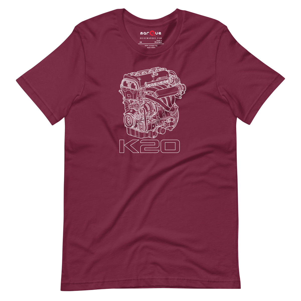 K20 Blueprint Tee — High-Rev Inline-Four graphic t-shirt, Maroon front view — Marque automotive apparel