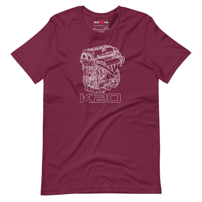 K20 Blueprint Tee — High-Rev Inline-Four graphic t-shirt, Maroon front view — Marque automotive apparel