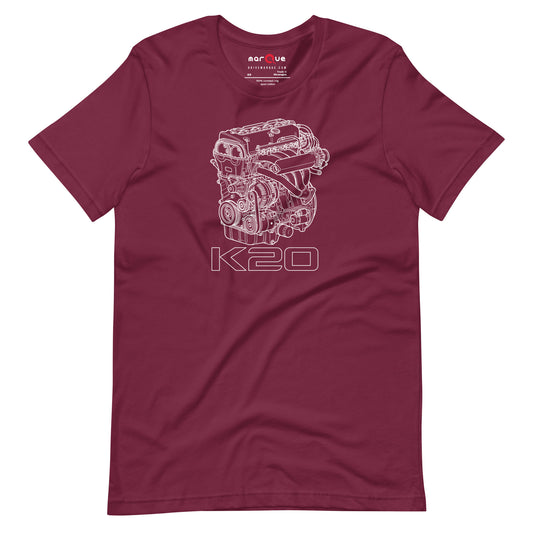 K20 Blueprint Tee — High-Rev Inline-Four graphic t-shirt, Maroon front view — Marque automotive apparel