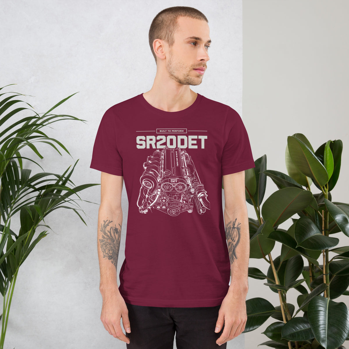 SR20DET Tee, Maroon front view — twin-cam turbo engine line art, Marque automotive apparel