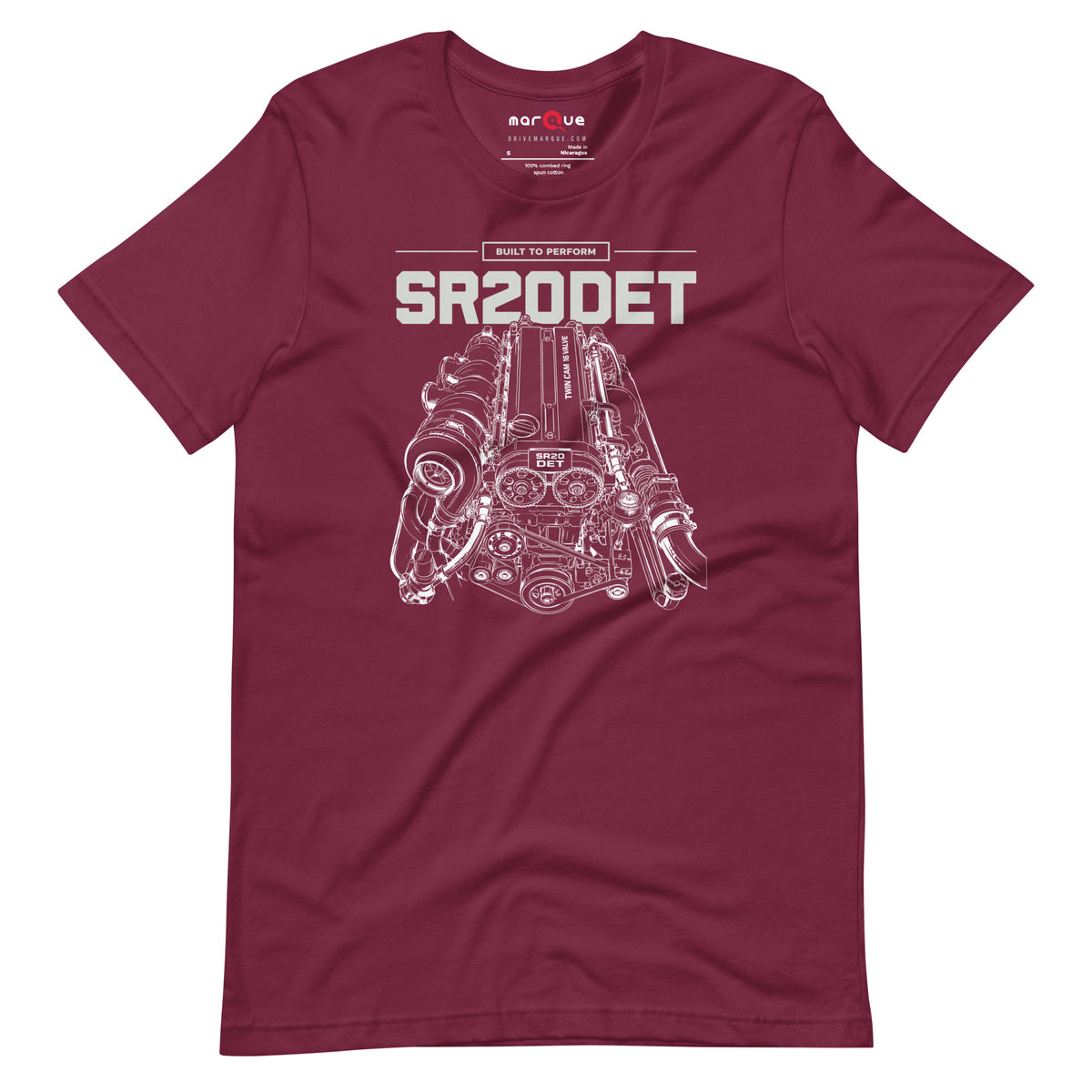 SR20DET Tee, Maroon flat lay — twin-cam turbo engine line art, Marque automotive apparel