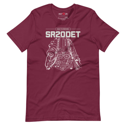 SR20DET Tee, Maroon flat lay — twin-cam turbo engine line art, Marque automotive apparel