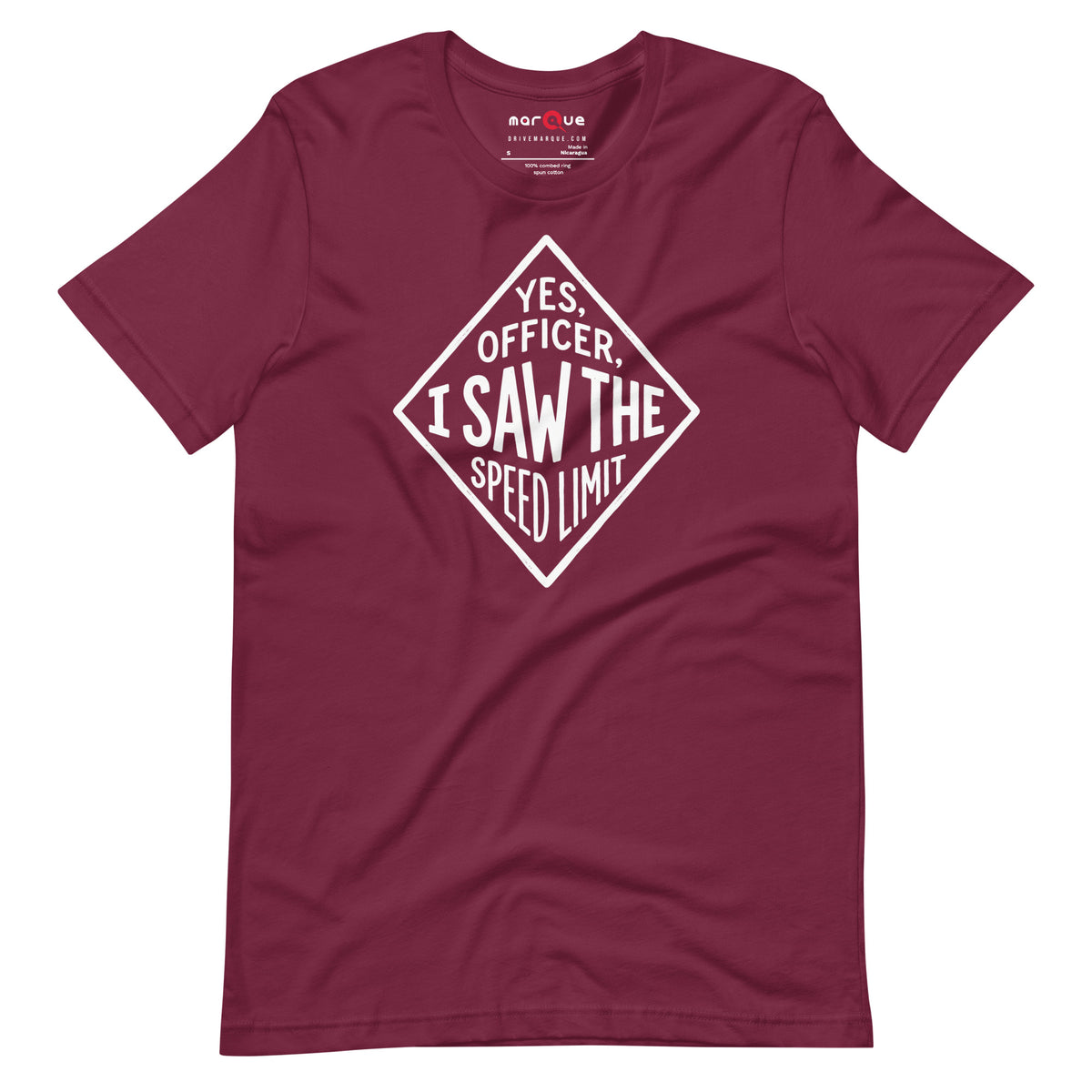 Yes Officer t-shirt in Maroon — hand-lettered speed limit road sign — Marque automotive apparel