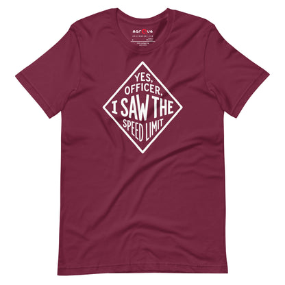 Yes Officer t-shirt in Maroon — hand-lettered speed limit road sign — Marque automotive apparel