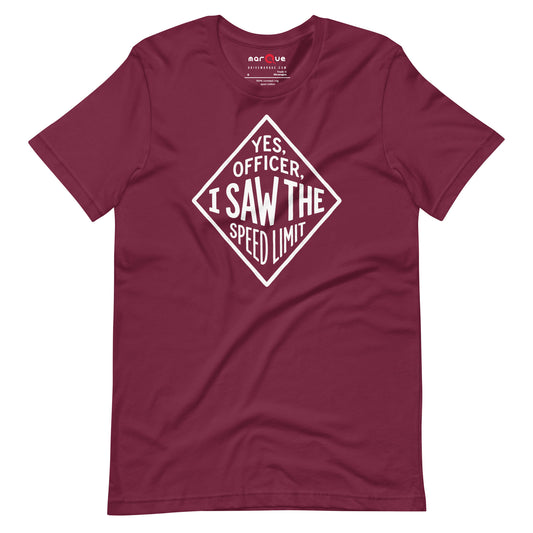 Yes Officer t-shirt in Maroon — hand-lettered speed limit road sign — Marque automotive apparel