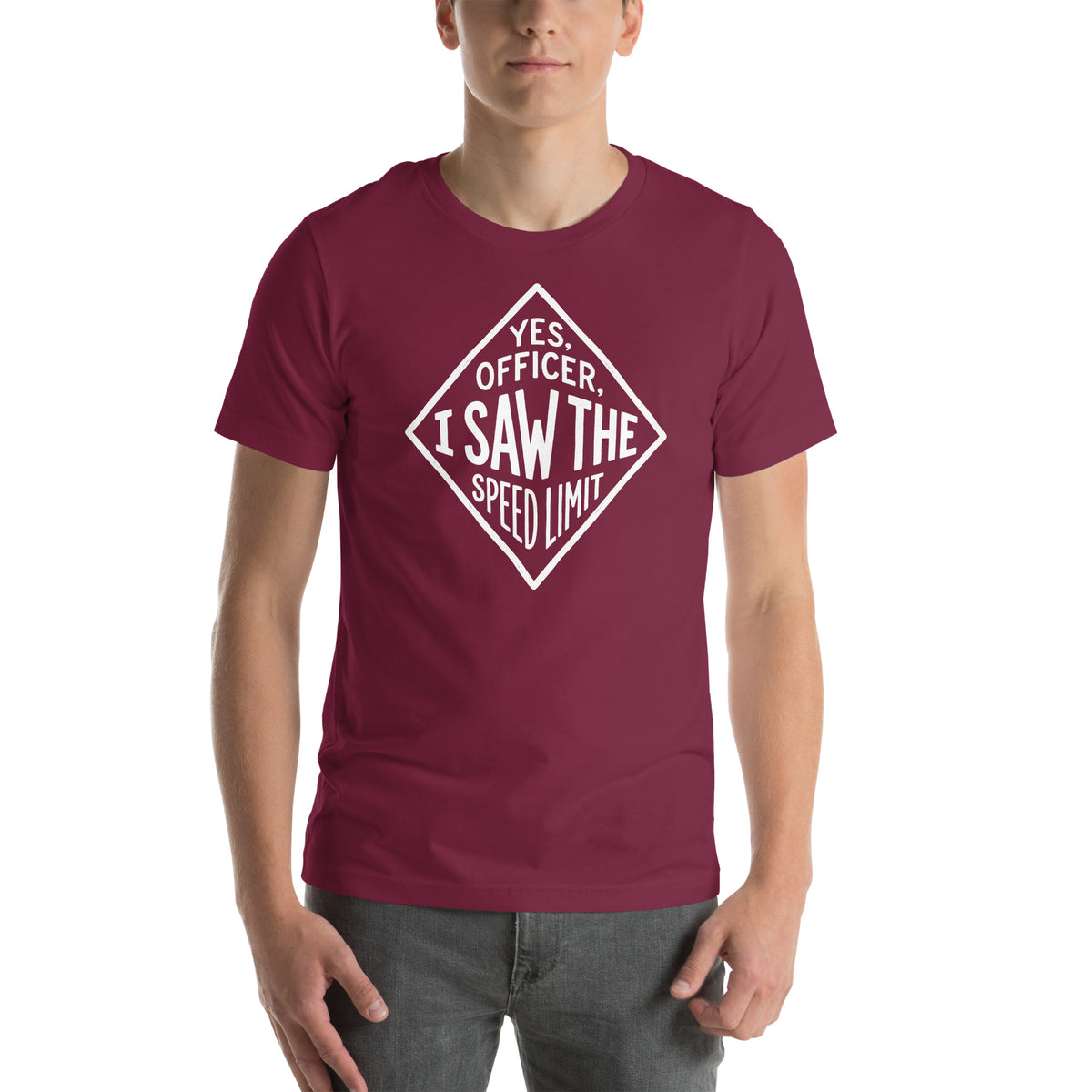 Yes Officer t-shirt in Maroon, worn — Marque automotive apparel