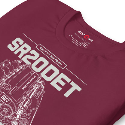 SR20DET Tee, Maroon print detail — twin-cam turbo engine line art, Marque automotive apparel