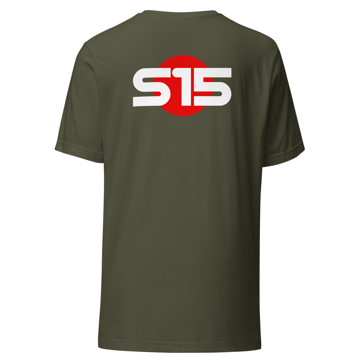 S15 Tee — Final Silhouette graphic t-shirt, Military Green back view — Marque automotive apparel