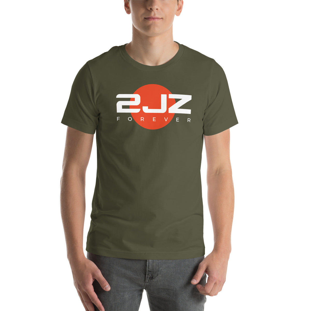 2JZ Forever Tee — Rising Sun graphic t-shirt, Military Green front view (2) — Marque automotive apparel