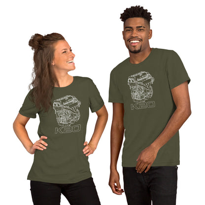 K20 Blueprint Tee — High-Rev Inline-Four graphic t-shirt, Military Green front view (3) — Marque automotive apparel