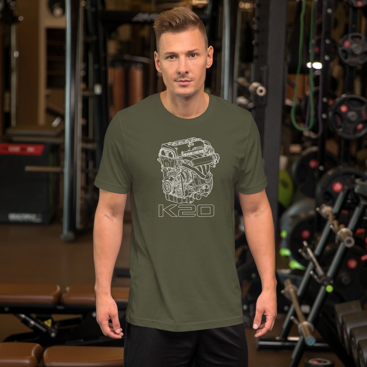 K20 Blueprint Tee — High-Rev Inline-Four graphic t-shirt, Military Green front view (2) — Marque automotive apparel