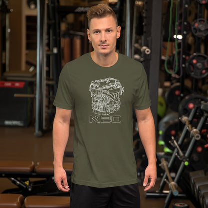 K20 Blueprint Tee — High-Rev Inline-Four graphic t-shirt, Military Green front view (2) — Marque automotive apparel