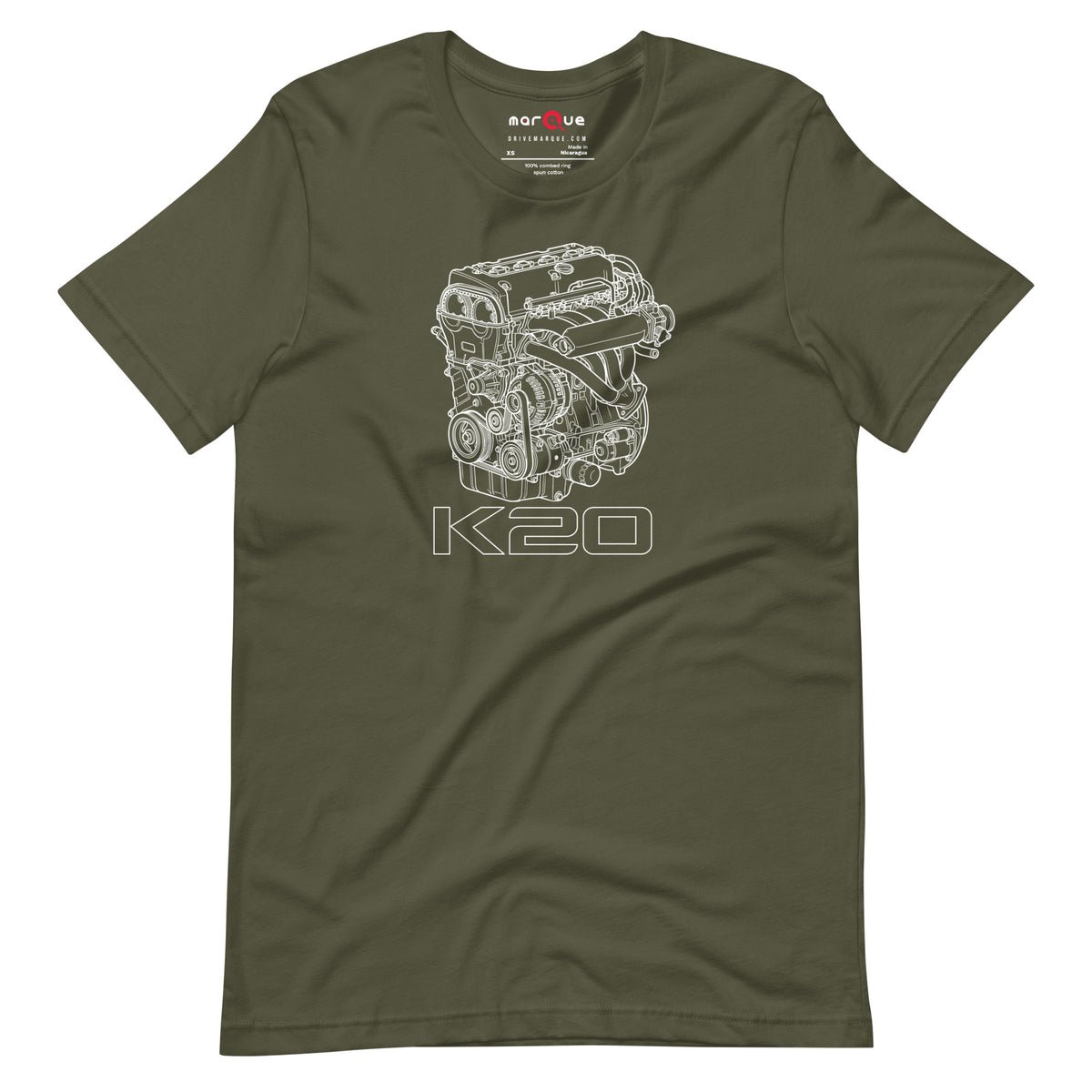 K20 Blueprint Tee — High-Rev Inline-Four graphic t-shirt, Military Green front view — Marque automotive apparel