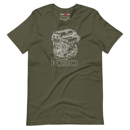 K20 Blueprint Tee — High-Rev Inline-Four graphic t-shirt, Military Green front view — Marque automotive apparel