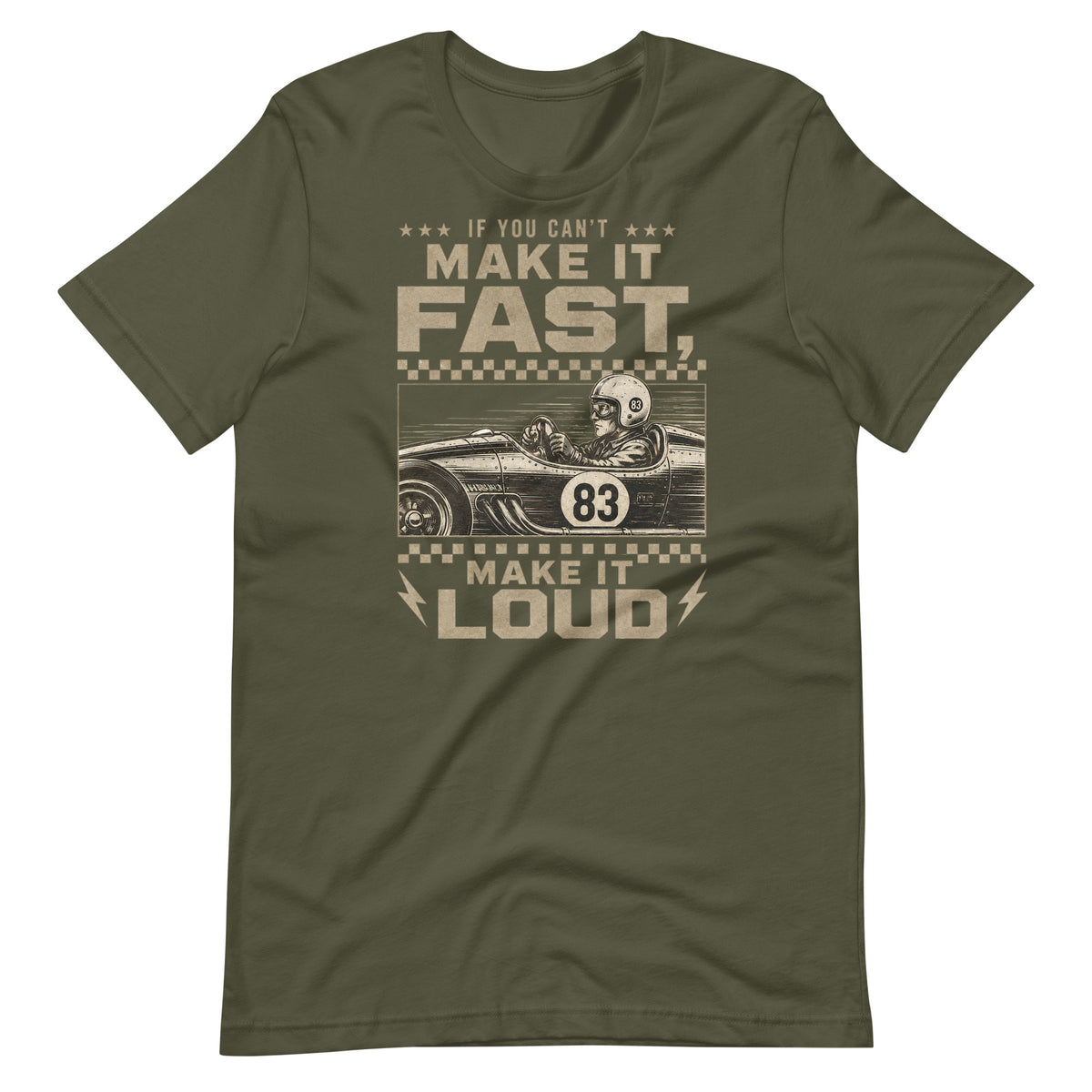 Can't Make It Fast, Make It Loud Tee, Military Green front view — Marque automotive apparel