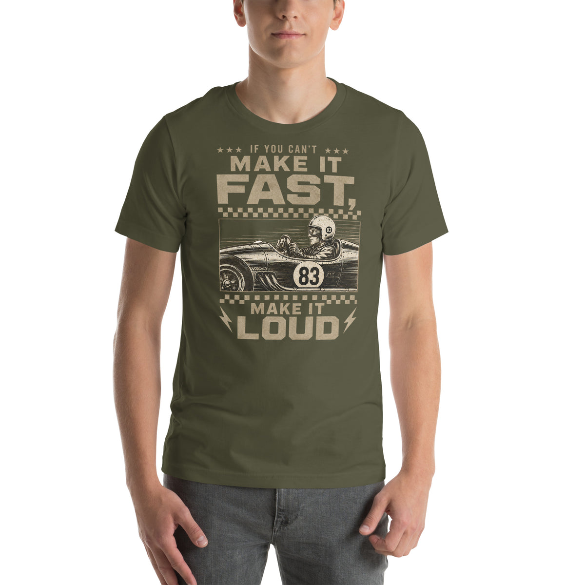 Can't Make It Fast, Make It Loud Tee, Military Green front view (2) — Marque automotive apparel