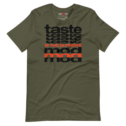 Taste Is The Ultimate Mod Tee, Military Green front view — Marque automotive apparel