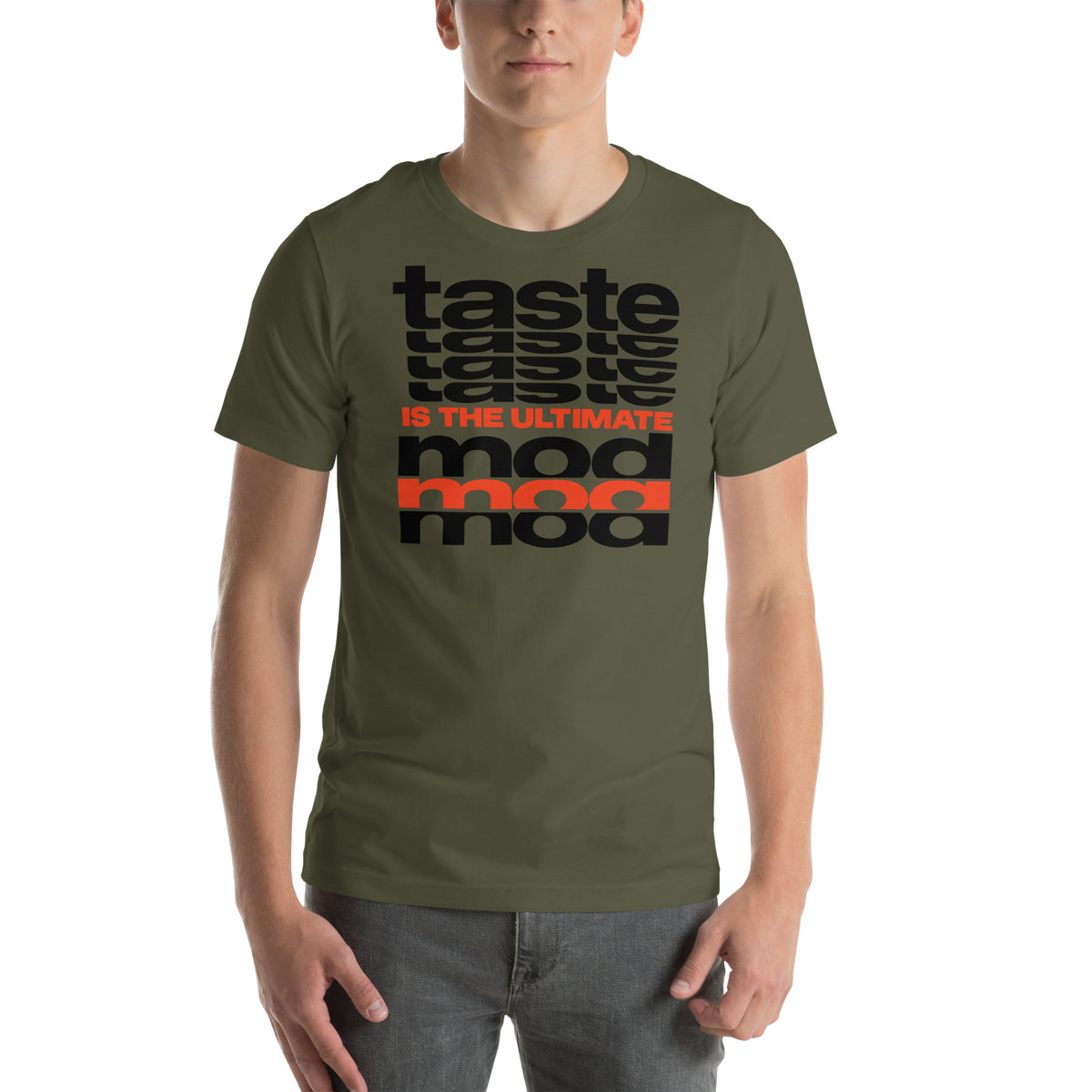 Taste Is The Ultimate Mod Tee, Military Green front view (2) — Marque automotive apparel