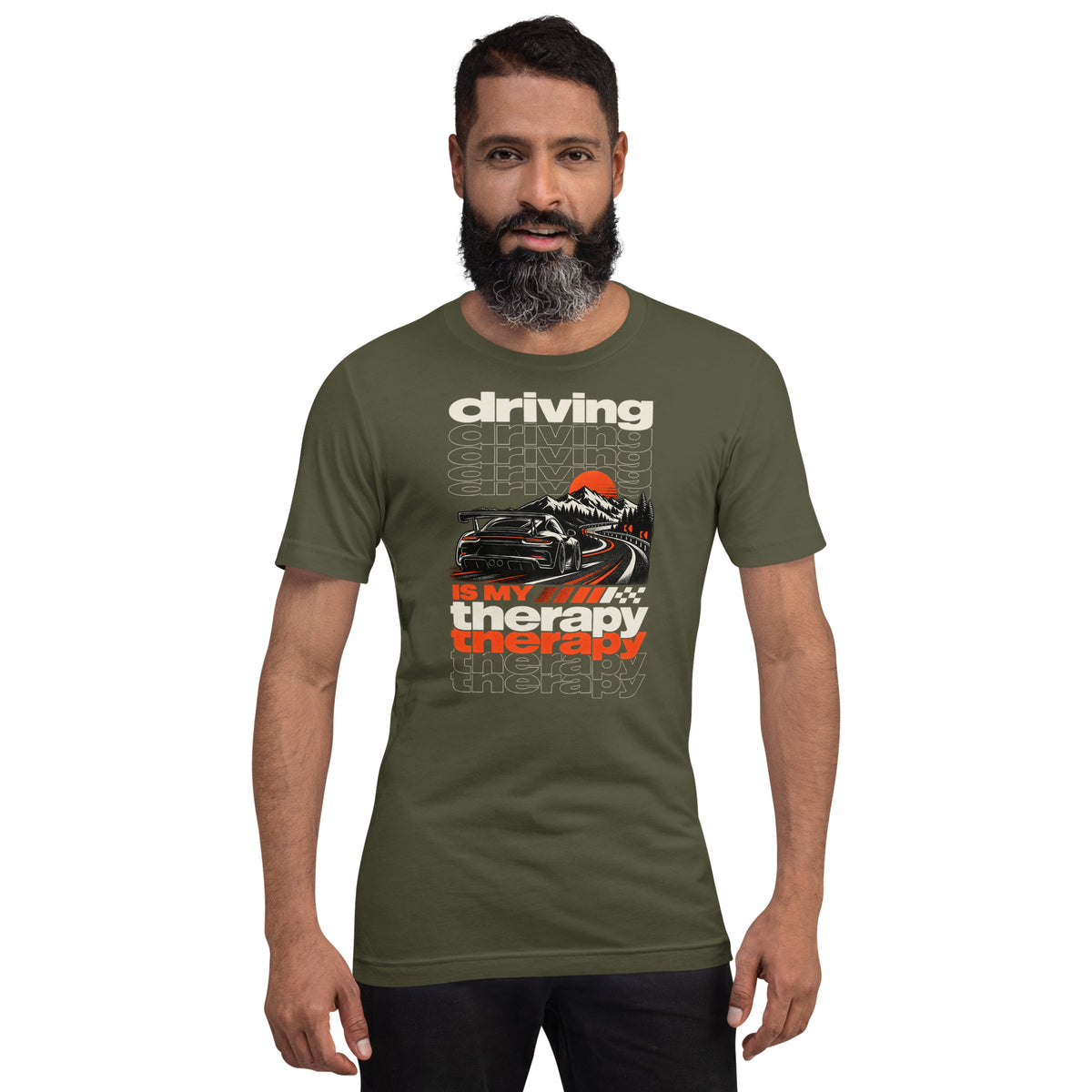 Military Green driving is my therapy tee worn front-on