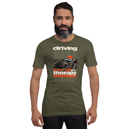 Military Green driving is my therapy tee worn front-on