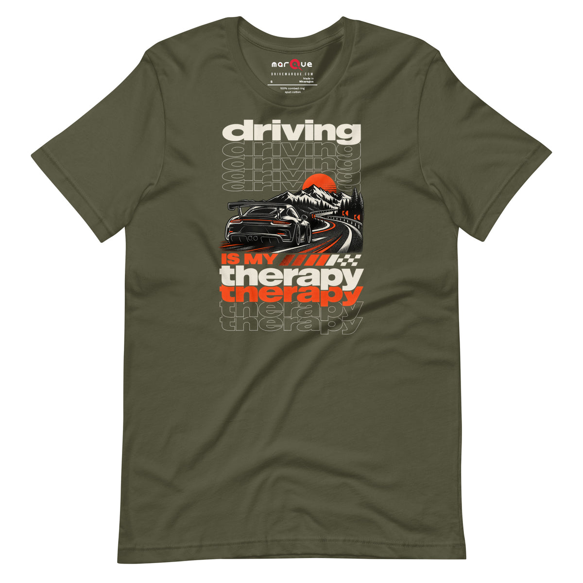 Military Green driving is my therapy t-shirt — road disappearing into the trees behind the coupe