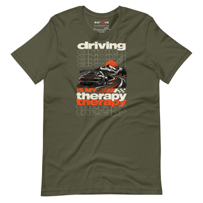 Military Green driving is my therapy t-shirt — road disappearing into the trees behind the coupe