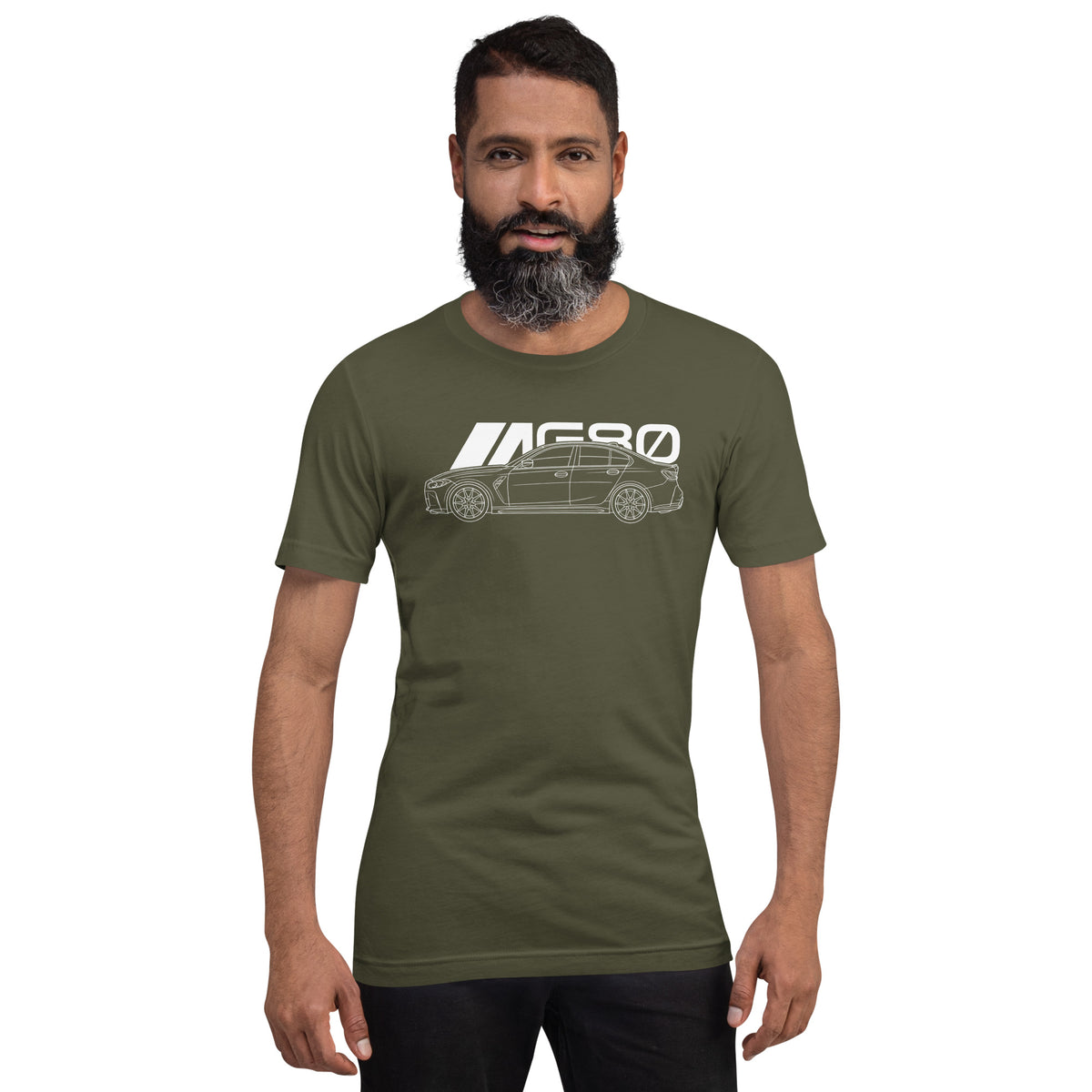 Super Sedan G80 t-shirt, Military Green front view (2) — Marque automotive apparel