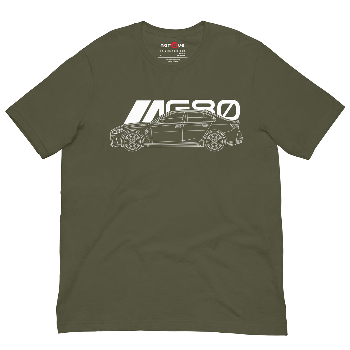 Super Sedan G80 t-shirt, Military Green front view — Marque automotive apparel
