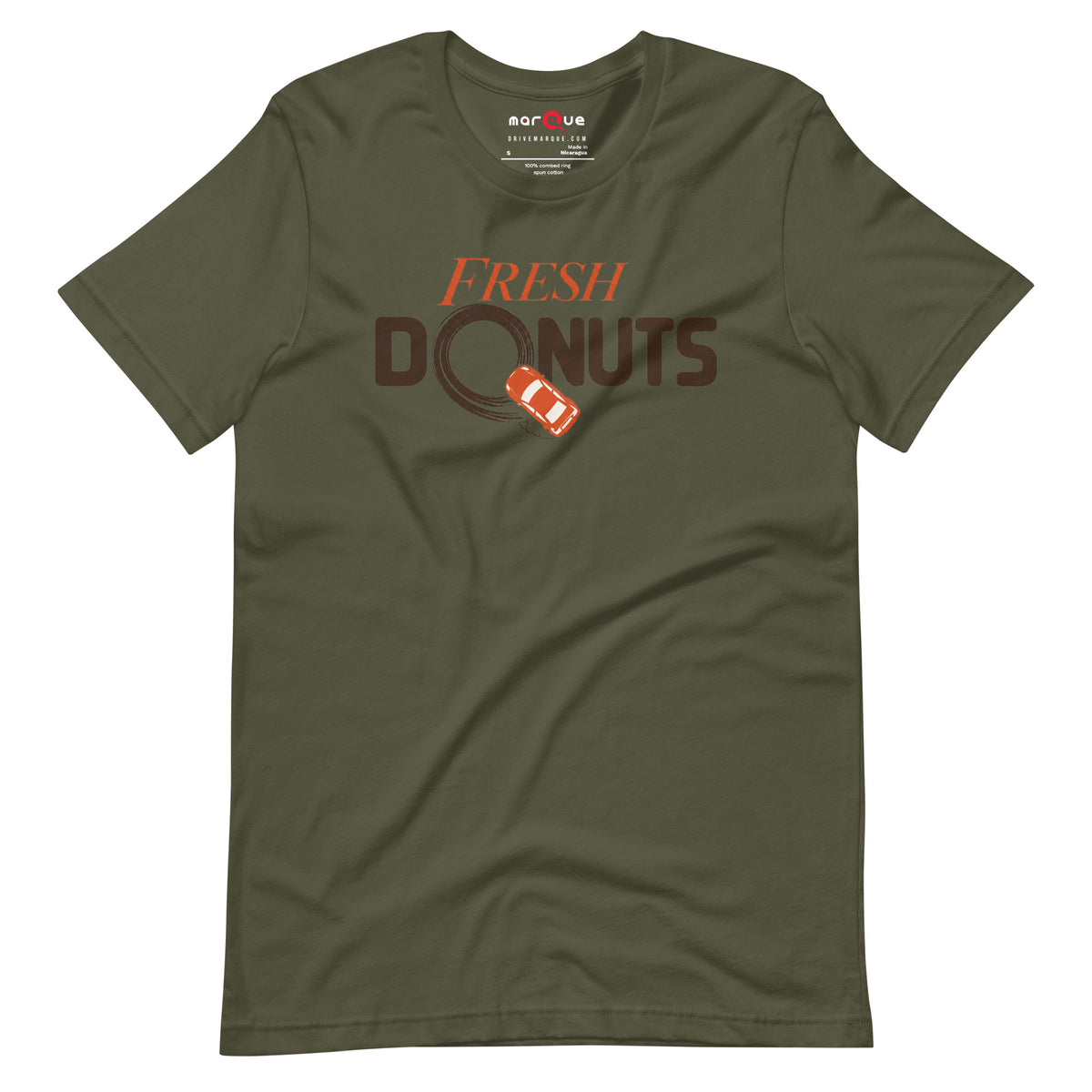 Fresh Donuts t-shirt, Military Green front view (2) — Marque automotive apparel