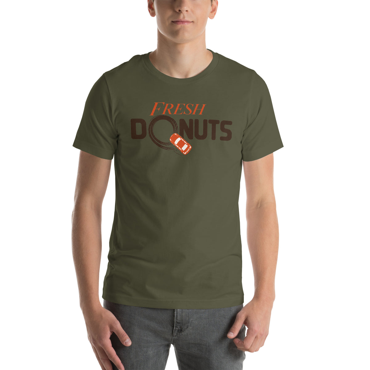 Fresh Donuts t-shirt, Military Green front view — Marque automotive apparel
