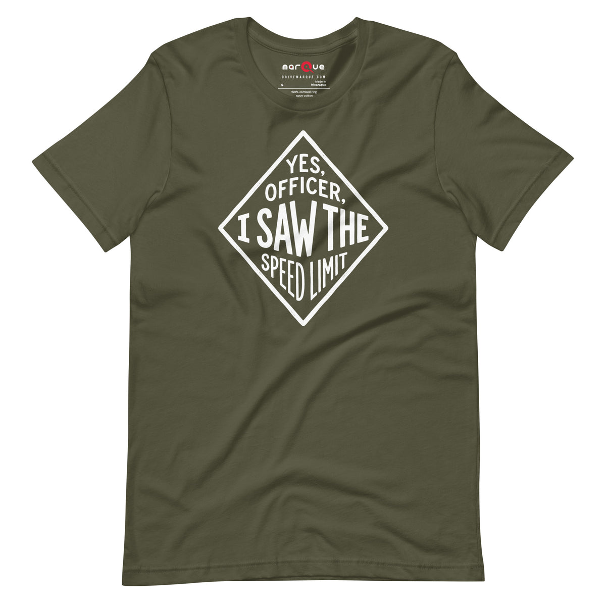 Yes Officer t-shirt in Military Green — hand-lettered speed limit road sign — Marque automotive apparel