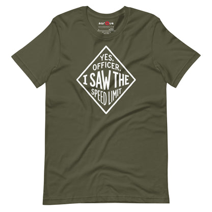 Yes Officer t-shirt in Military Green — hand-lettered speed limit road sign — Marque automotive apparel