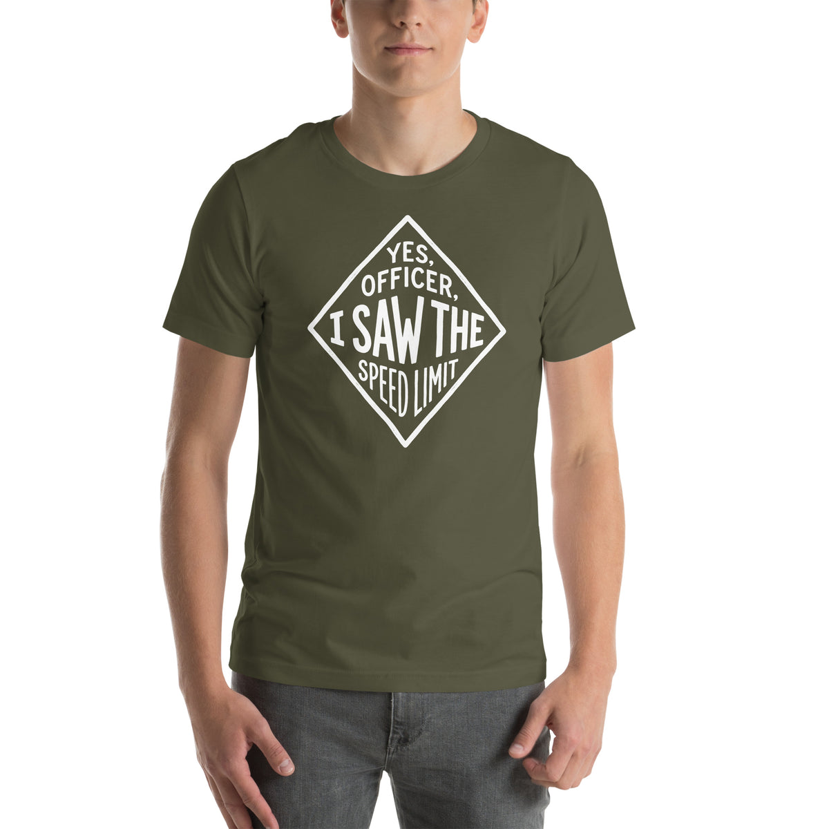 Yes Officer t-shirt in Military Green, worn — Marque automotive apparel