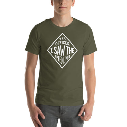 Yes Officer t-shirt in Military Green, worn — Marque automotive apparel