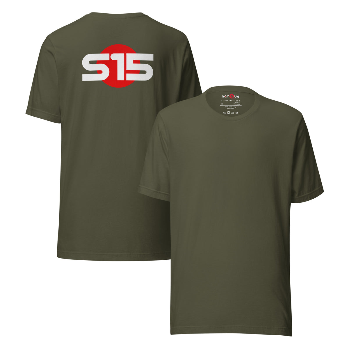 S15 Tee — Final Silhouette graphic t-shirt, Military Green front and back — Marque automotive apparel