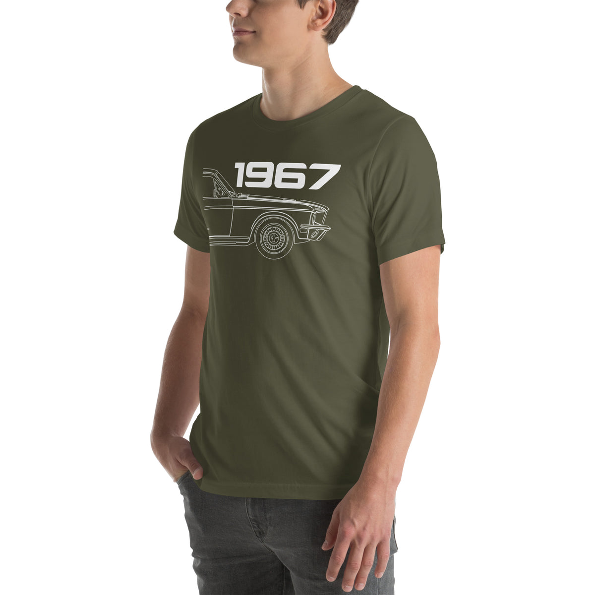 '67 Icon Tee — The Year Everything Changed, Military Green left front view — 1967 muscle graphic, Marque automotive apparel