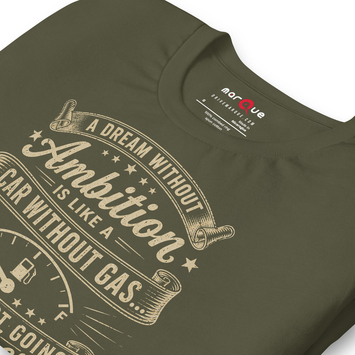 Ambition Tee, Military Green print detail — Marque automotive apparel