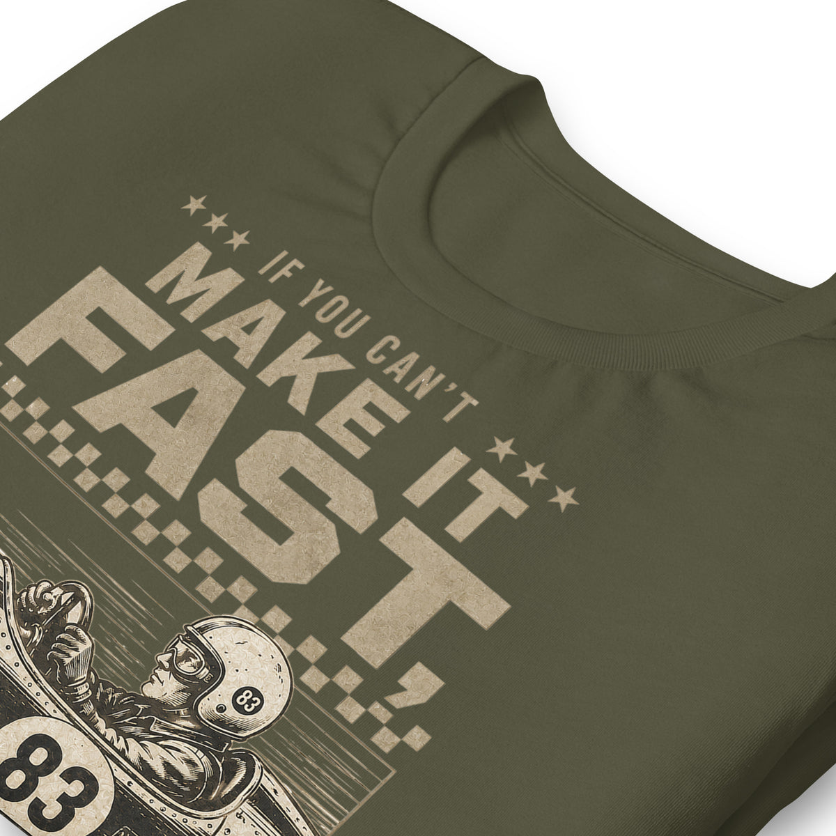 Can't Make It Fast, Make It Loud Tee, Military Green print detail — Marque automotive apparel