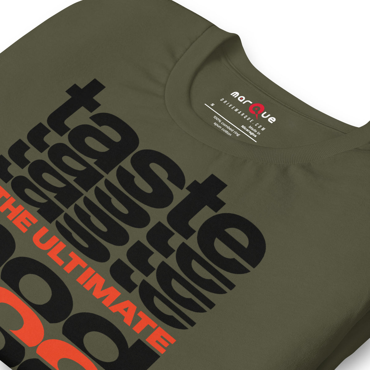 Taste Is The Ultimate Mod Tee, Military Green print detail — Marque automotive apparel