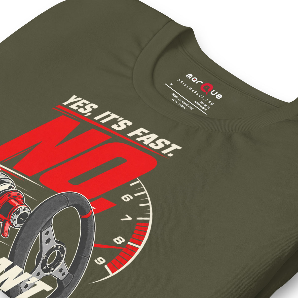 Yes It's Fast, No You Can't Drive It t-shirt, Military Green print detail — Marque automotive apparel