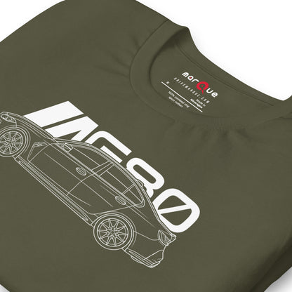 Super Sedan G80 t-shirt, Military Green print detail — Marque automotive apparel
