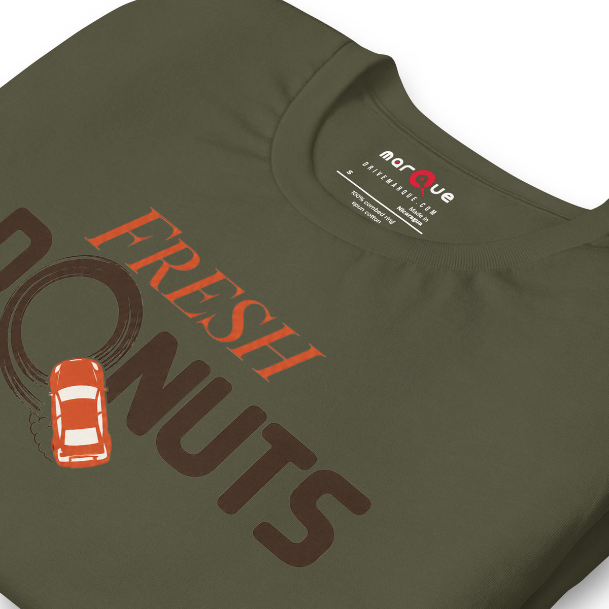 Fresh Donuts t-shirt, Military Green print detail — Marque automotive apparel