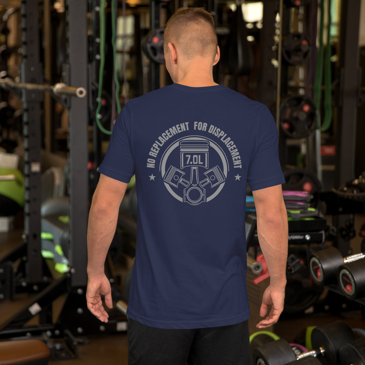 No Replacement for Displacement Tee — Big-Inch Gospel graphic t-shirt, Navy back view (2) — Marque automotive apparel