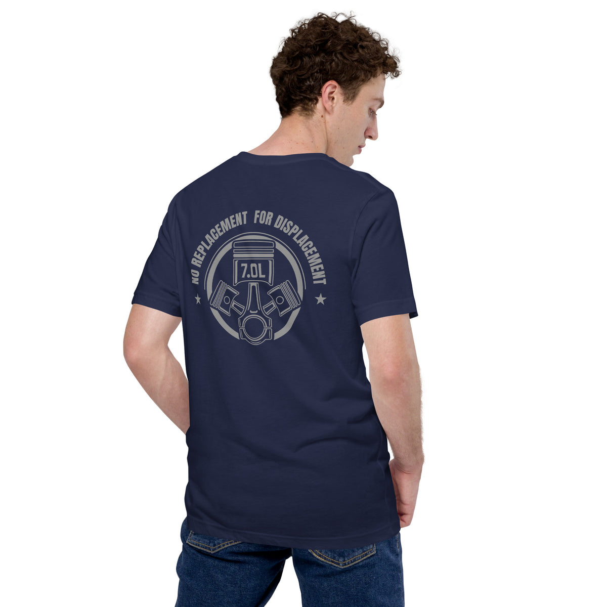No Replacement for Displacement Tee — Big-Inch Gospel graphic t-shirt, Navy back view — Marque automotive apparel