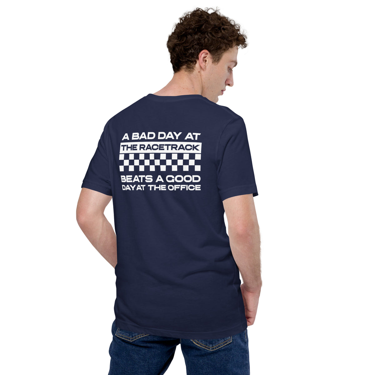 Bad Track Day Tee — Beats the Office graphic t-shirt, Navy back view — Marque automotive apparel
