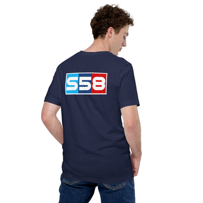 Bavarian Twin-Turbo Tee — S58 Straight-Six graphic t-shirt, Navy back view — Marque automotive apparel