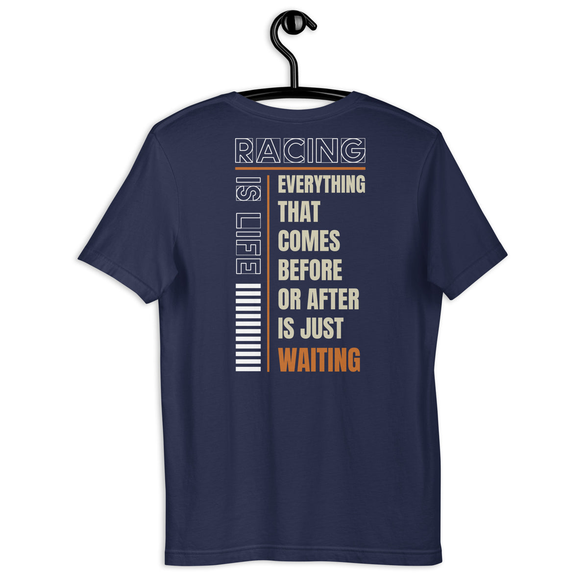 Racing Is Life Tee, Navy back view — Marque automotive apparel