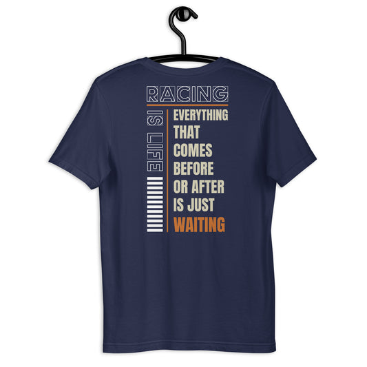 Racing Is Life Tee, Navy back view — Marque automotive apparel